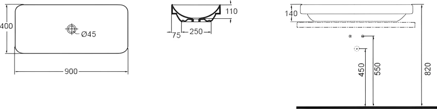 Раковина Azzurra Elegance 90 см прямоугольная ELLG090400S0BI/(ESO90 bi)*0 (детальная фотография), белые
