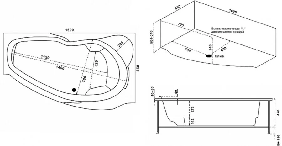 Ванна акриловая Bas Мартиника 160 х 85 см, L/R, белая, В 00059/В 00060 (детальная фотография), асимметричные