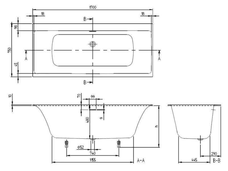 Ванна акриловая Villeroy&Boch Subway 3.0, 170 x 75 см, белая, UBQ170SBW2DV-01 (детальная фотография), 170x75 см