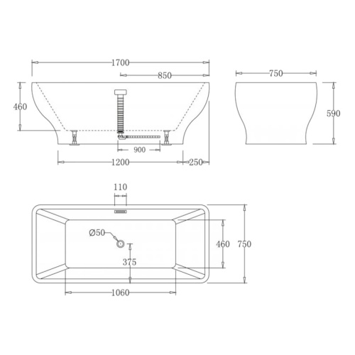 Ванна акриловая BelBagno 169х75 см прямоугольная BB73-1700-W0 (детальная фотография), 170x75 см