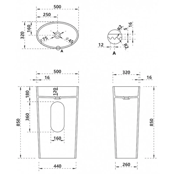 Раковина Abber Stein 50 см белая матовая AS2504-H (детальная фотография), современные, hi-tech