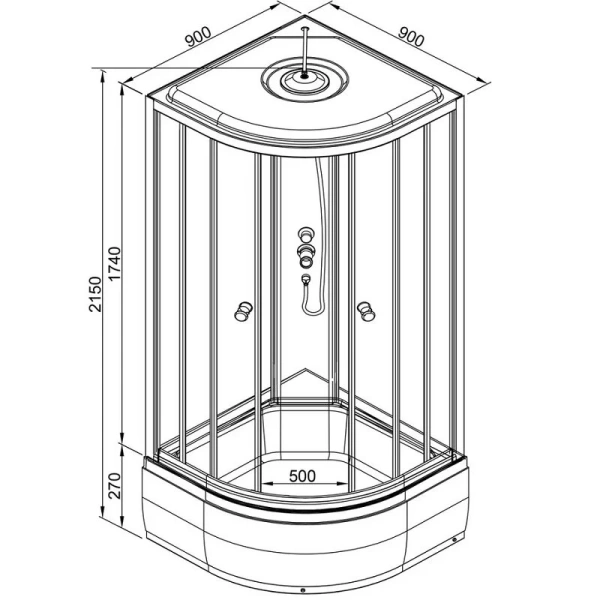 Душевая кабина Deto L 90x90 см с электрикой L790EL (детальная фотография), полукруглые, четверть круга