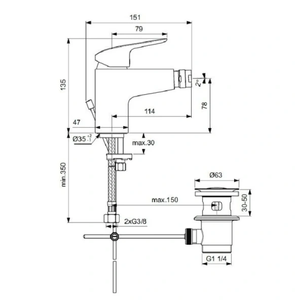 Смеситель для биде Ideal Standard Ceraflex с донным клапаном B1718AA (детальная фотография), для биде