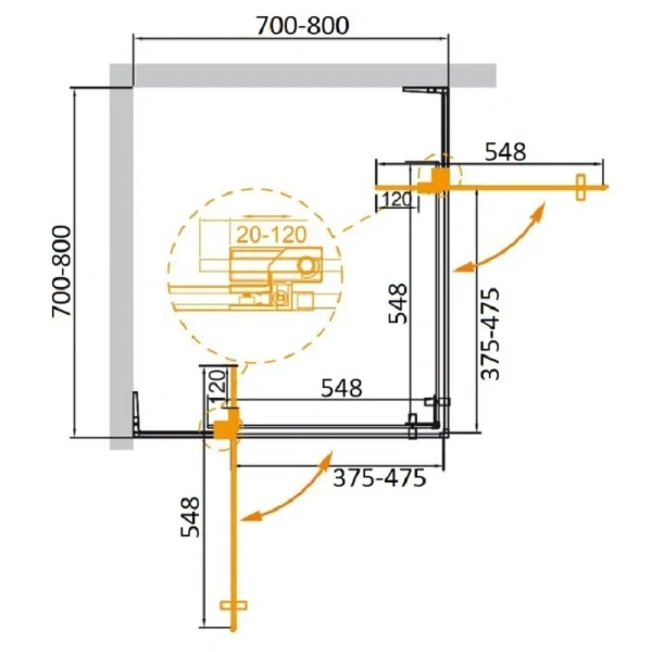 Душевой уголок Cezares Slider 80х80 см стекло серое профиль черный SLIDER-A-2-70/80-GRIGIO-NERO (детальная фотография), квадратные
