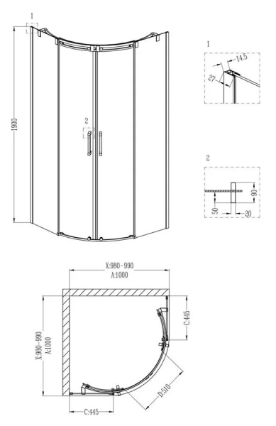 Душевой уголок Grossman Galaxy 100x100 см полукруг GR-4100 (детальная фотография), полукруглые, четверть круга