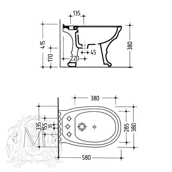 Биде напольное Migliore Gianeta белое с декором 20918 (детальная фотография), классические, ретро, декорированные