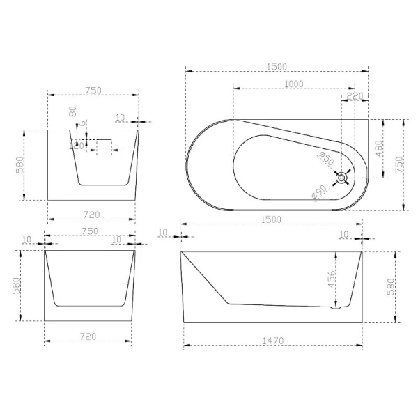 Акриловая ванна ABBER AB9496-1.5 150х75 см угловая (детальная фотография), 150x75 см