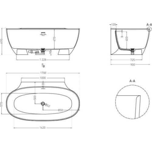 Ванна из искусственного камня Salini Alda Wall 170x90 см покраска по RAL полностью 101915GF (детальная фотография), без гидромассажа, большие