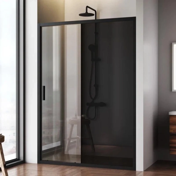 Душевая дверь в нишу AM.PM Gem Solo 140 см профиль черный стекло тонированное W90G-140-1-195BG (детальная фотография), недорогие, в нишу, стеклянные