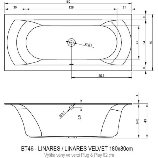 Акриловая ванна Riho Linares Plug & Play B142010005/B142011005, 180 x 80 см, левая/правая, цвет белый (детальная фотография), акриловые