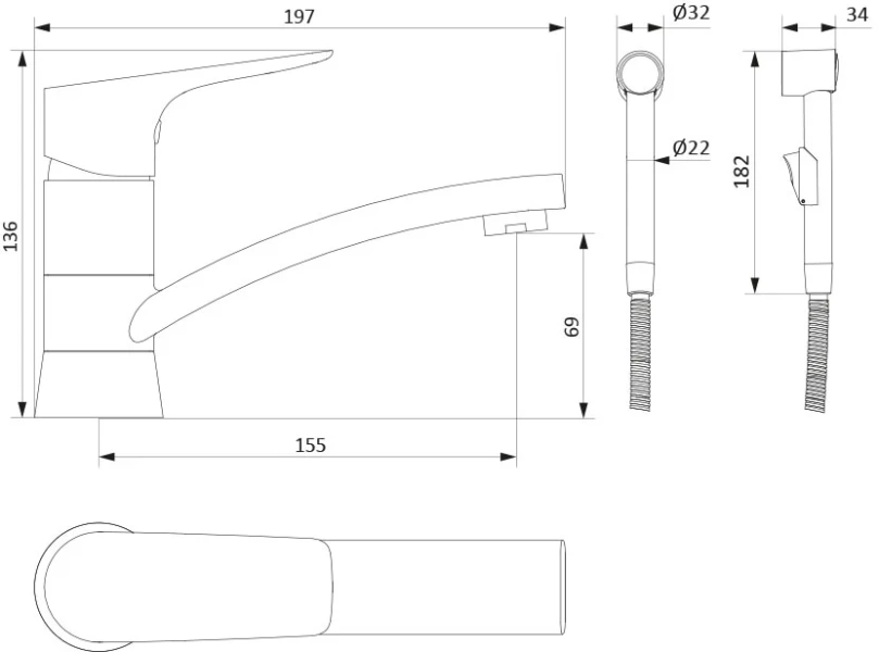 Смеситель с гигиеническим душем Damixa Origin Bit с поворотным изливом 770230000 (детальная фотография), недорогие, с гигиеническим душем