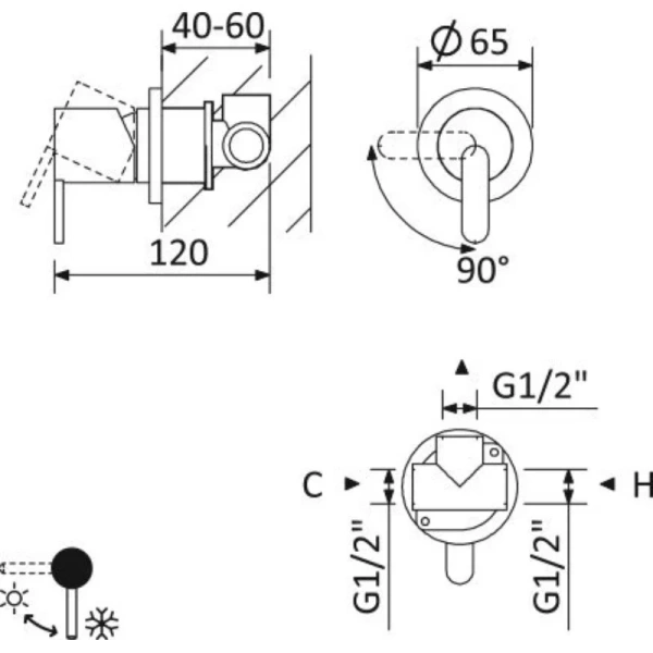 Смеситель для душа Cezares Leaf встраиваемый, черный матовый LEAF-DIM-L-NOP (детальная фотография), для душа