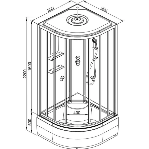 Душевая кабина Deto EM 80x80 см с гидромассажем EM4580GM (детальная фотография), полукруглые, четверть круга