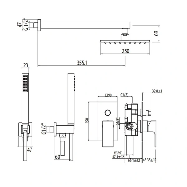 Душевой комплект Gattoni Kubik черный KTQ15/PDNO (детальная фотография), душевые комплекты, наборы