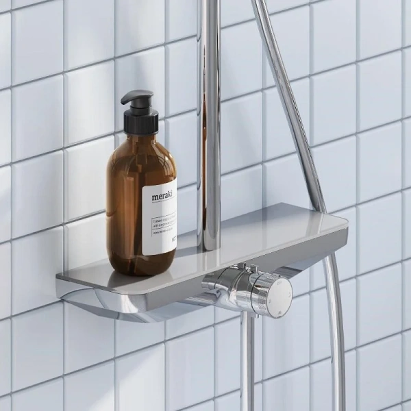 Душевая стойка Damixa Merkur 940730 со смесителем-полкой (детальная фотография), с тропическим душем