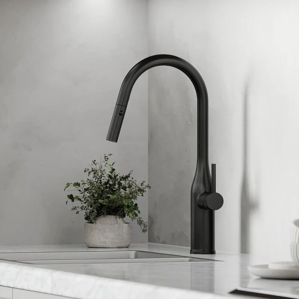 Смеситель для кухни Sancos Grand черный матовый SC4002MB (детальная фотография), высокие, из латуни, округлая форма