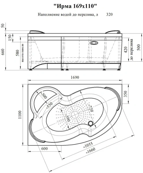 Акриловая ванна Радомир Ирма 2-78-0-1-9-217/2-78-0-2-9-217, 169 x 110 см, L/R, фронтальный экран, каркас в комплекте, белая (детальная фотография), современныe, hi-tech
