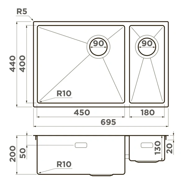 Мойка для кухни Omoikiri Taki 69-2-U/IF-IN-L Side 69 см левосторонняя 4997049 (детальная фотография), врезные