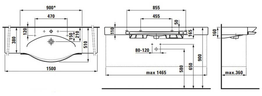 Раковина Laufen Palace 8.1270.6.000.10 150 см с полотенцедержателем (детальная фотография), современные, hi-tech