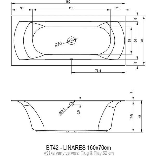 Акриловая ванна Riho Linares Plug & Play B140007005/B140008005, 160 x 70 см, левая/правая, цвет белый (детальная фотография), 160x70 см