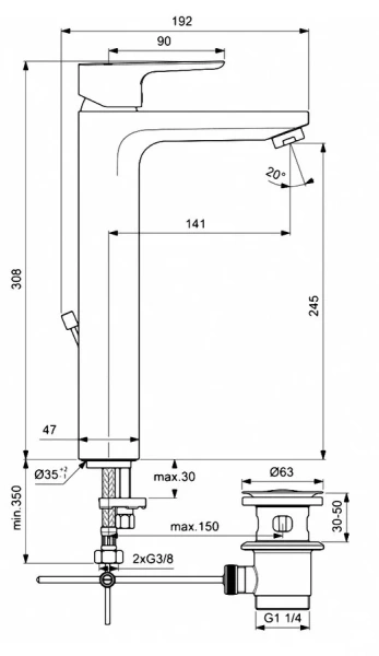 Смеситель для раковины Ideal Standard Ceraplan III Slim с металлическим донным клапаном BC561AA (детальная фотография), для раковины