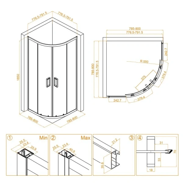 Душевой уголок RGW Classic CL-54B 80х80 см прозрачное стекло, профиль черный 32095488-14 (детальная фотография), полукруглые, четверть круга