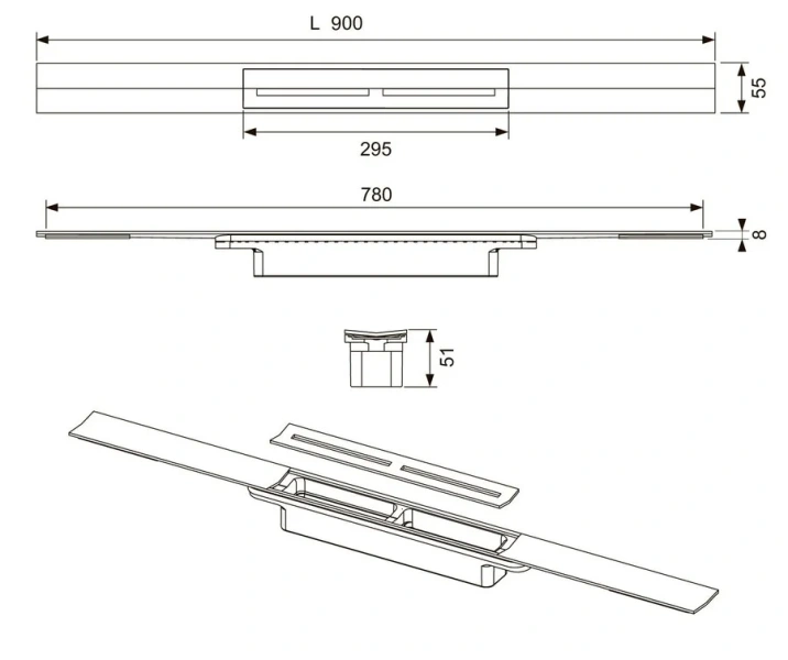 Профиль для душа Tece TECEdrainprofile 90 см хром 670910 (детальная фотография), для монтажа в пол