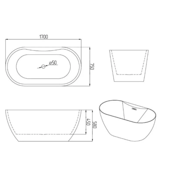 Ванна акриловая Grossman Classic GR-12502-1, со смесителем, 170 x 75 см, белая (детальная фотография), акриловые