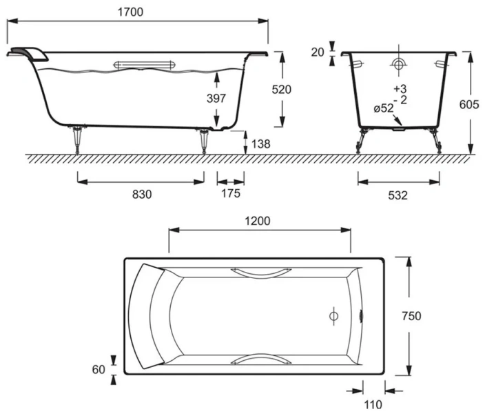 Ванна чугунная Jacob Delafon Biove 170х75 см с отверстиями для ручек, с антискользящим покрытием E2938-00 (детальная фотография), чугунные