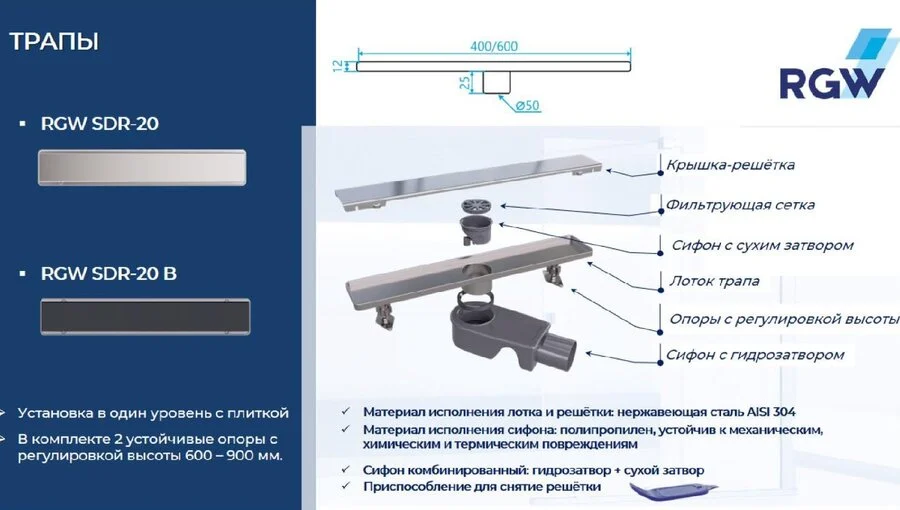 Душевой лоток RGW SDR 80 см прямой черный 47212080-04 (детальная фотография), для монтажа в пол