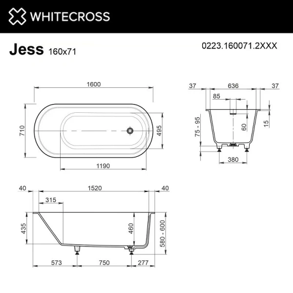 Ванна из искусственного камня Whitecross Jess 0223.160071.2XXXX, 160x71 см, покраска по RAL, поверхность матовая (детальная фотография), искусственный камень