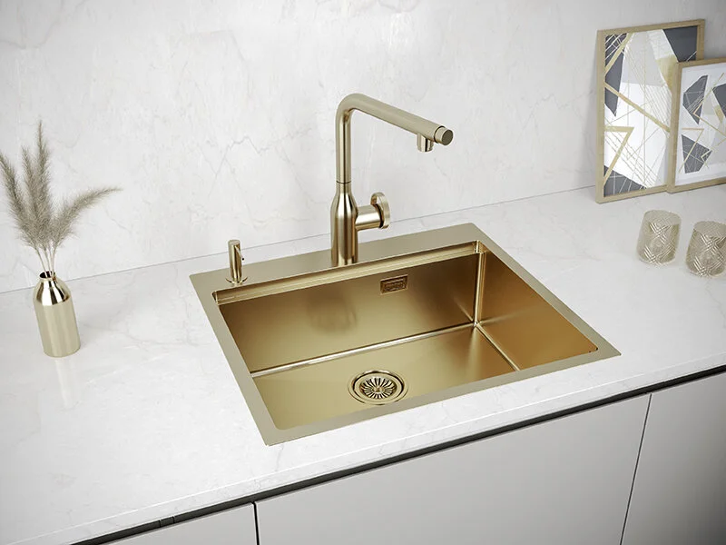 Мойка для кухни Paulmark Brim-Pro 59 см брашированное золото PM705951-BG (детальная фотография), прямоугольной формы