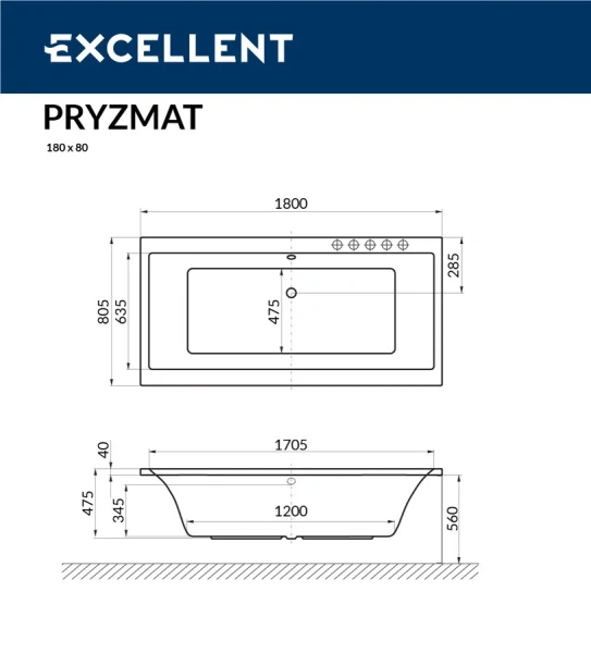 Акриловая ванна Excellent Pryzmat 180 x 80 см, белая, WAEX.PRY18WH (детальная фотография), 180х80