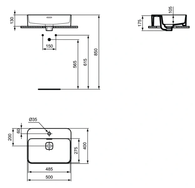 Раковина Ideal Standard Strada II 50 см с полочкой для монтажа смесителя T296601 (детальная фотография), современные, hi-tech