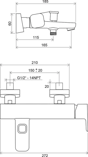 Смеситель для ванны Ravak 10° TD 022.00/150 мм X070065 (детальная фотография), с 2 монтажными отверстиями