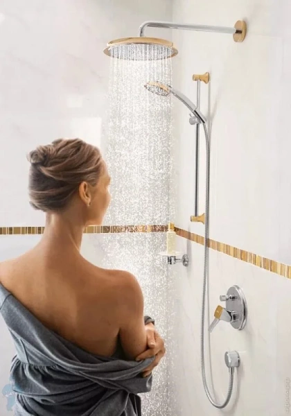 Душевой гарнитур Hansgrohe Raindance 278430 антиизвестковое покрытие QuickClean (детальная фотография), хром, золотые