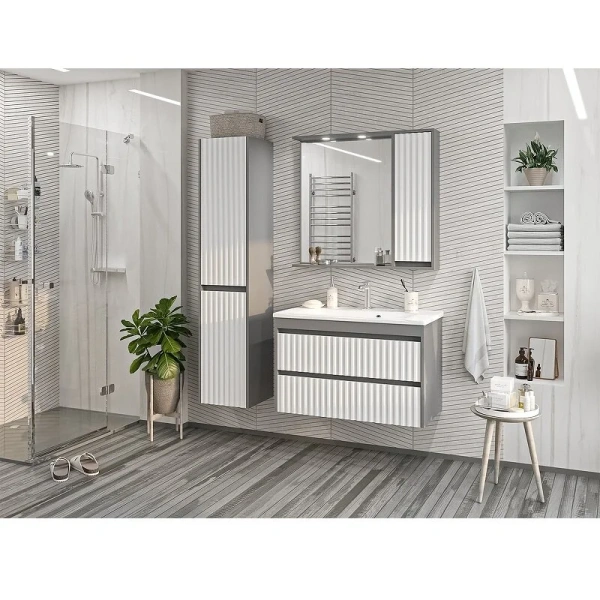 Зеркальный шкаф с подсветкой Brevita Balaton 90 см белый/серый, правый BAL-04090-01-01П (детальная фотография), с кнопкой