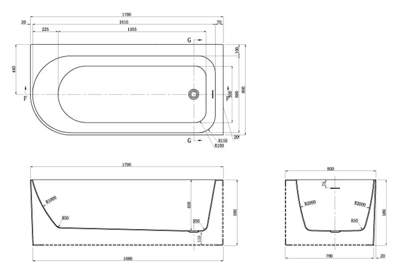 Ванна акриловая Azario Luton 170 x 80 см, белая, левая/правая LUT17080R (детальная фотография), акриловые