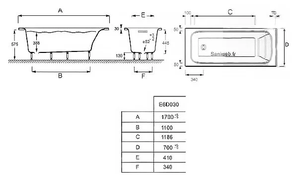 Ванна из искусственного камня Flight Jacob Delafon Elite 170х70 см с ножками E6D030RU-00 (детальная фотография), прямоугольные