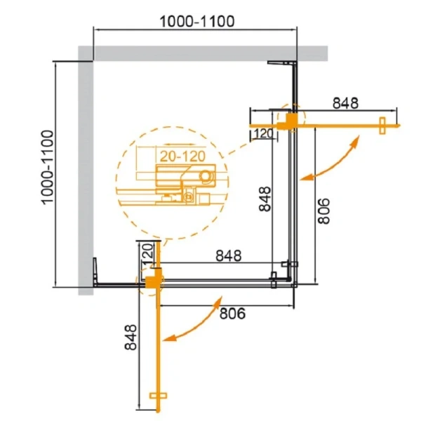 Душевой уголок Cezares Slider 110x110 см стекло бронзовое профиль черный SLIDER-A-2-100/110-BR-NERO (детальная фотография), квадратные
