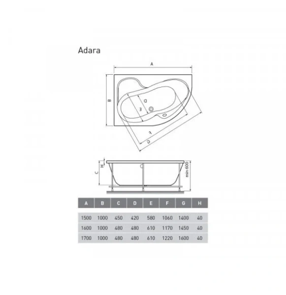 Ванна акриловая Relisan Adara 170 х 100 см L/R, Гл000013731/Гл000013732 (детальная фотография), современныe, hi-tech