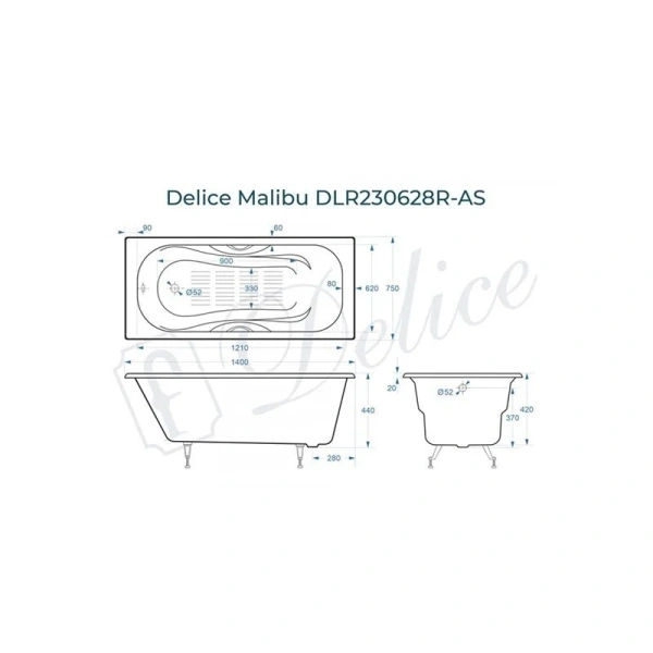 Ванна чугунная Delice Malibu 140х75 см белая DLR230628R-AS (детальная фотография), чугунные