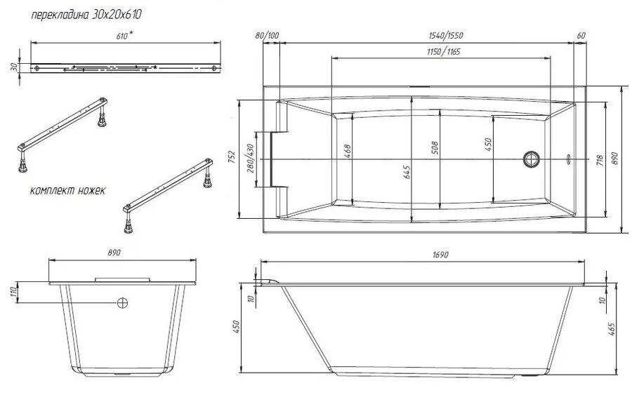 Ванна акриловая Marka One Aelita Slim 170 x 90 см, белый, 01ае1790слим (детальная фотография), акриловые