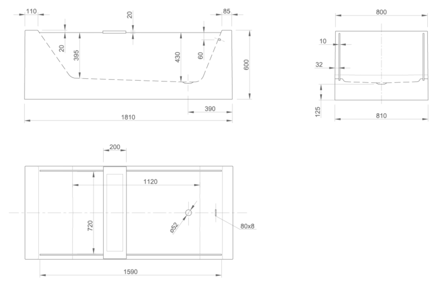 Ванна акриловая Knief Look 0100-250 180 х 80 см с прозрачными боковыми стенками (детальная фотография), современныe, hi-tech