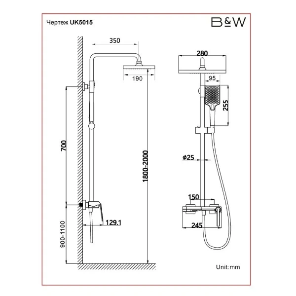 Душевая стойка Black&White Universe оружейная сталь 5015MG (детальная фотография), современные, hi-tech