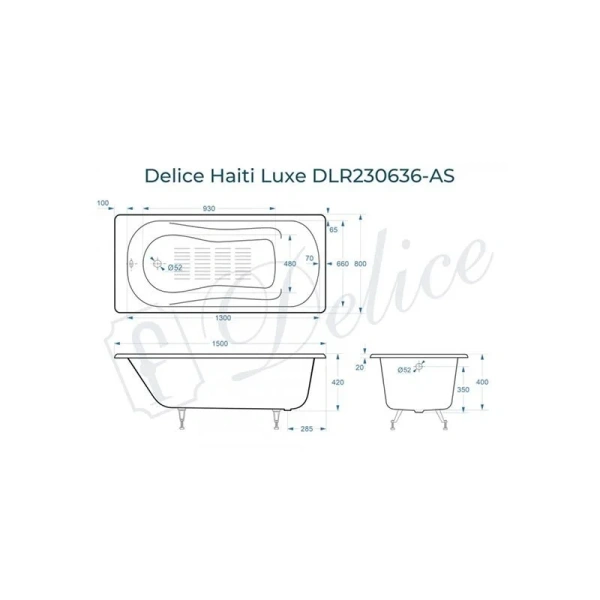 Ванна чугунная Delice Haiti Luxe 150х80 см с антискользящим покрытием DLR230636-AS (детальная фотография), чугунные