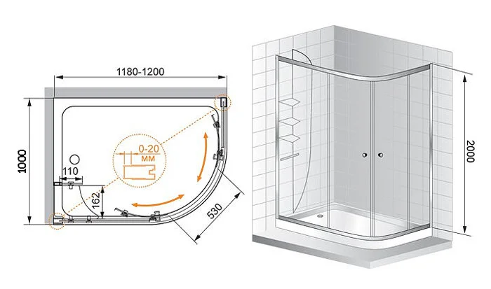 Душевой уголок Cezares Anima 120x100 см стекло прозрачное левый ANIMA-W-RH-2-120/100-C-Cr-L (детальная фотография), асимметричные