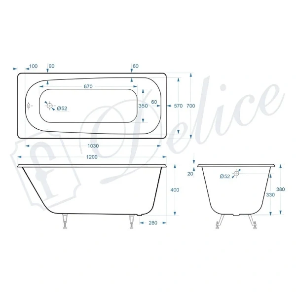 Ванна чугунная Delice Continental Plus 120х70 см с отверстиями под ручки DLR230640R-AS (детальная фотография), чугунные