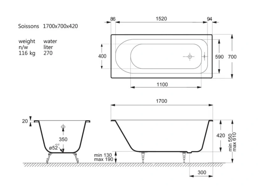 Чугунная ванна Vinsent Veron Soissons VCN1707042, 170 x 70 см, цвет белый (детальная фотография), чугунные