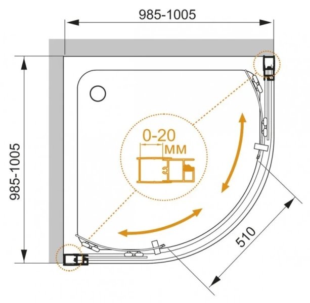 Душевой уголок Cezares Momento 100x100 см стекло прозрачное MOMENTO-R-2-100-C-Cr (детальная фотография), полукруглые, четверть круга